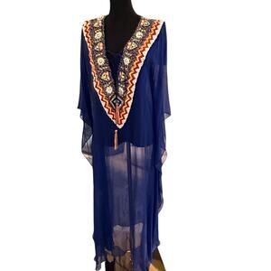 Pia Pauro Navy Embellished Sheer Kaftan Dress Beaded Tassel Resort Size S